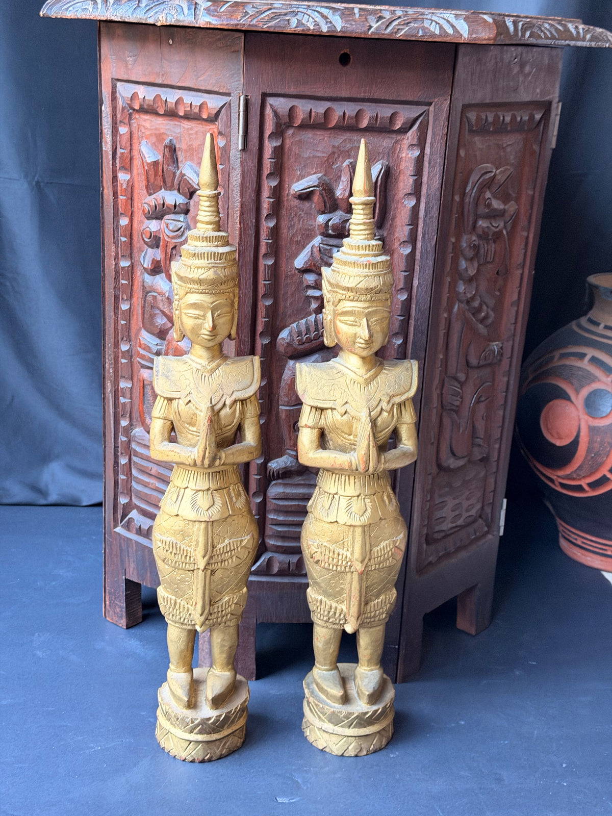 Pair Thai Thepphanom Carved Wood Praying Temple Angel Statues Gold Finish 19 in