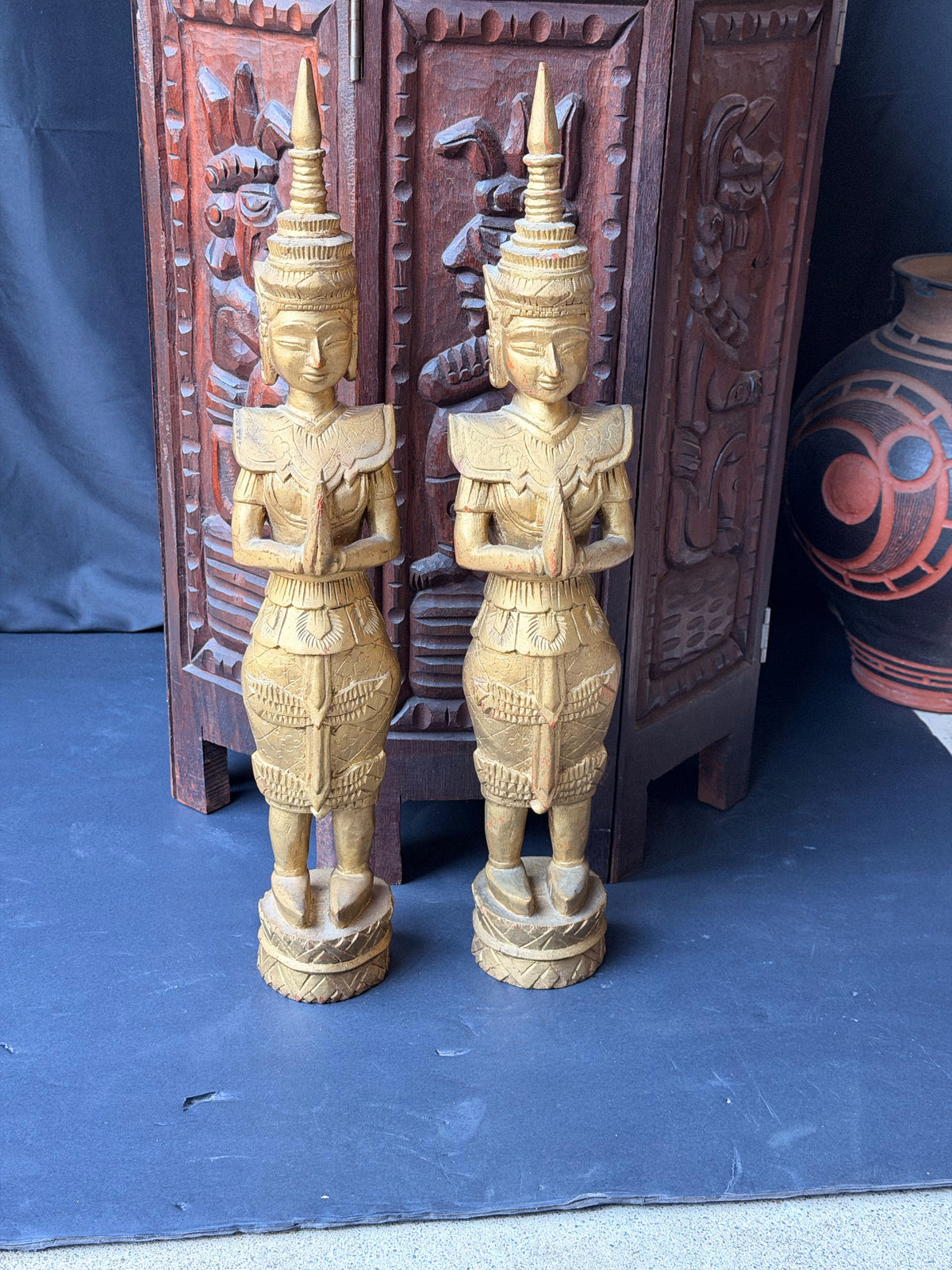 Pair Thai Thepphanom Carved Wood Praying Temple Angel Statues Gold Finish 19 in
