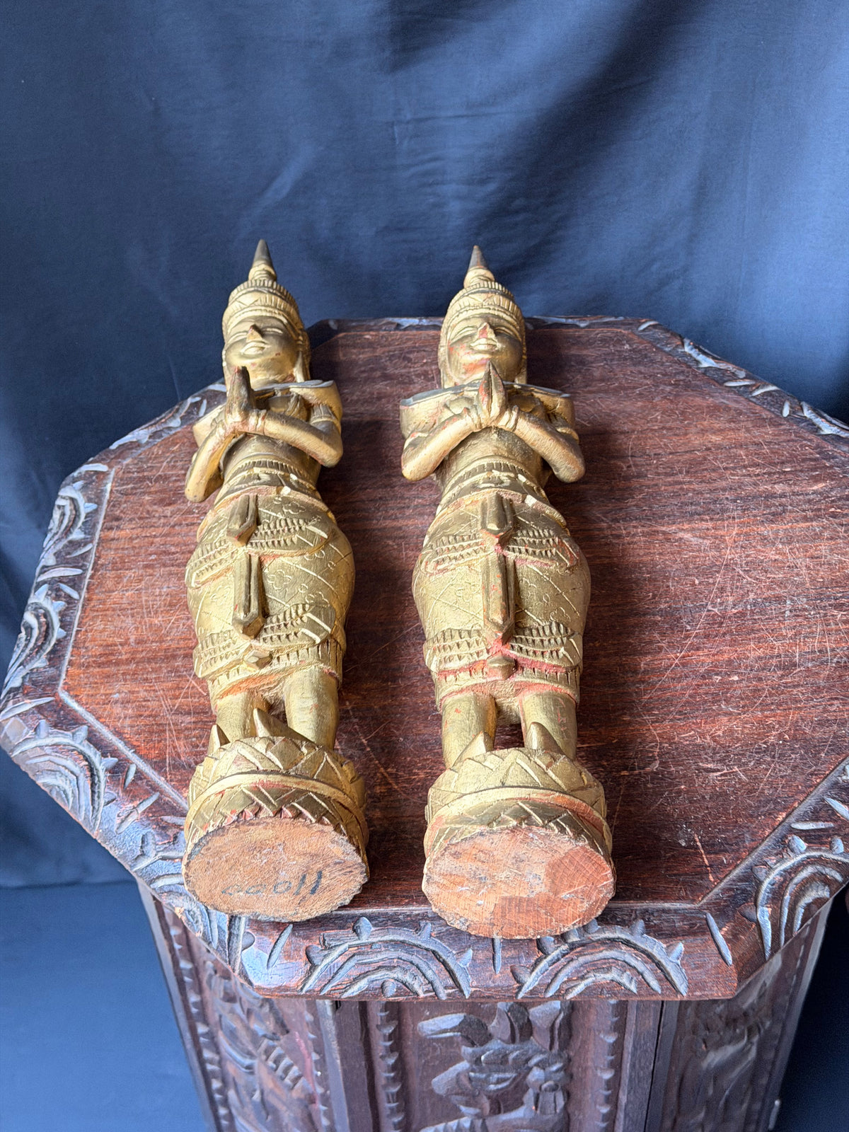 Pair Thai Thepphanom Carved Wood Praying Temple Angel Statues Gold Finish 19 in