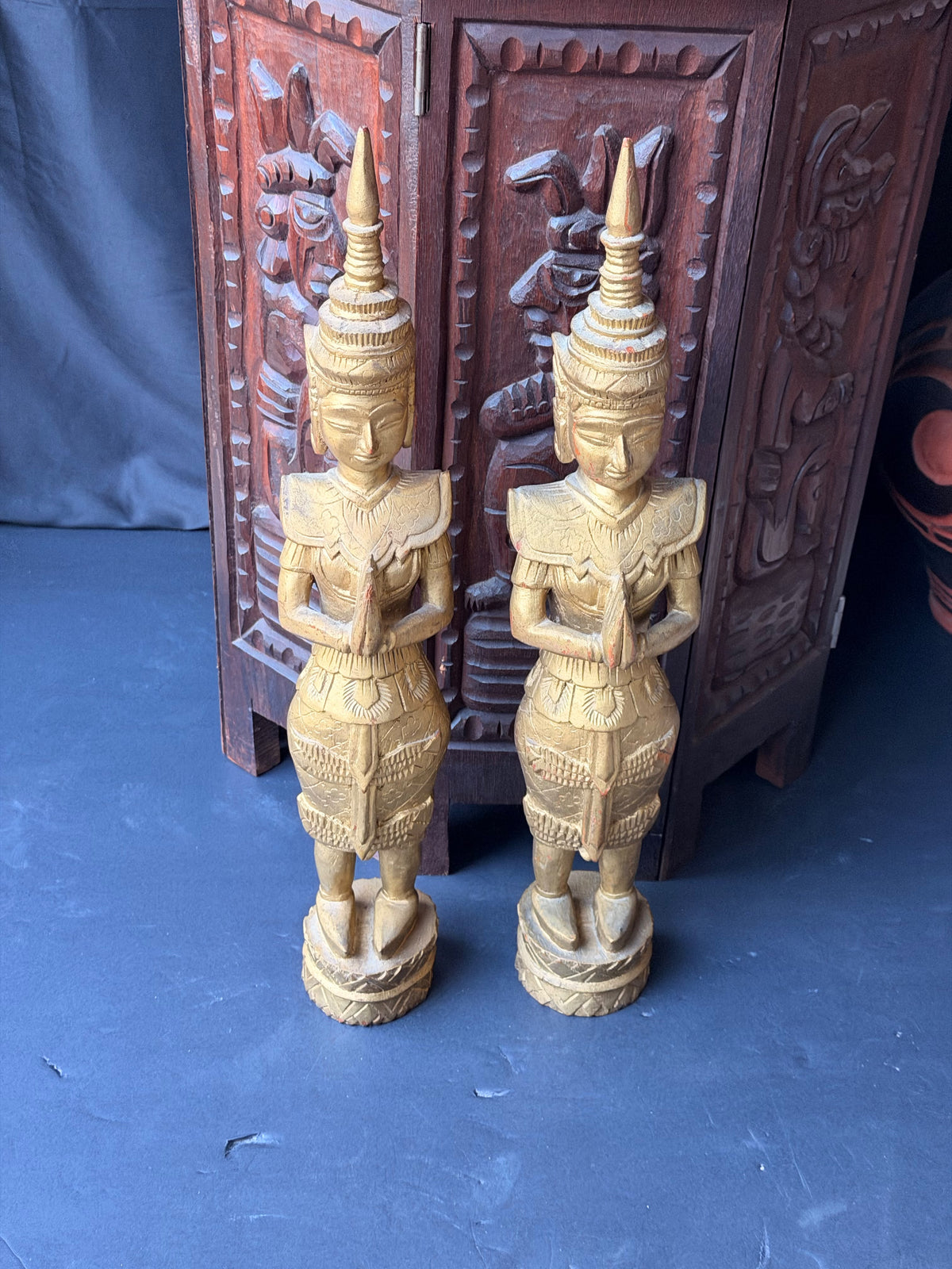 Pair Thai Thepphanom Carved Wood Praying Temple Angel Statues Gold Finish 19 in