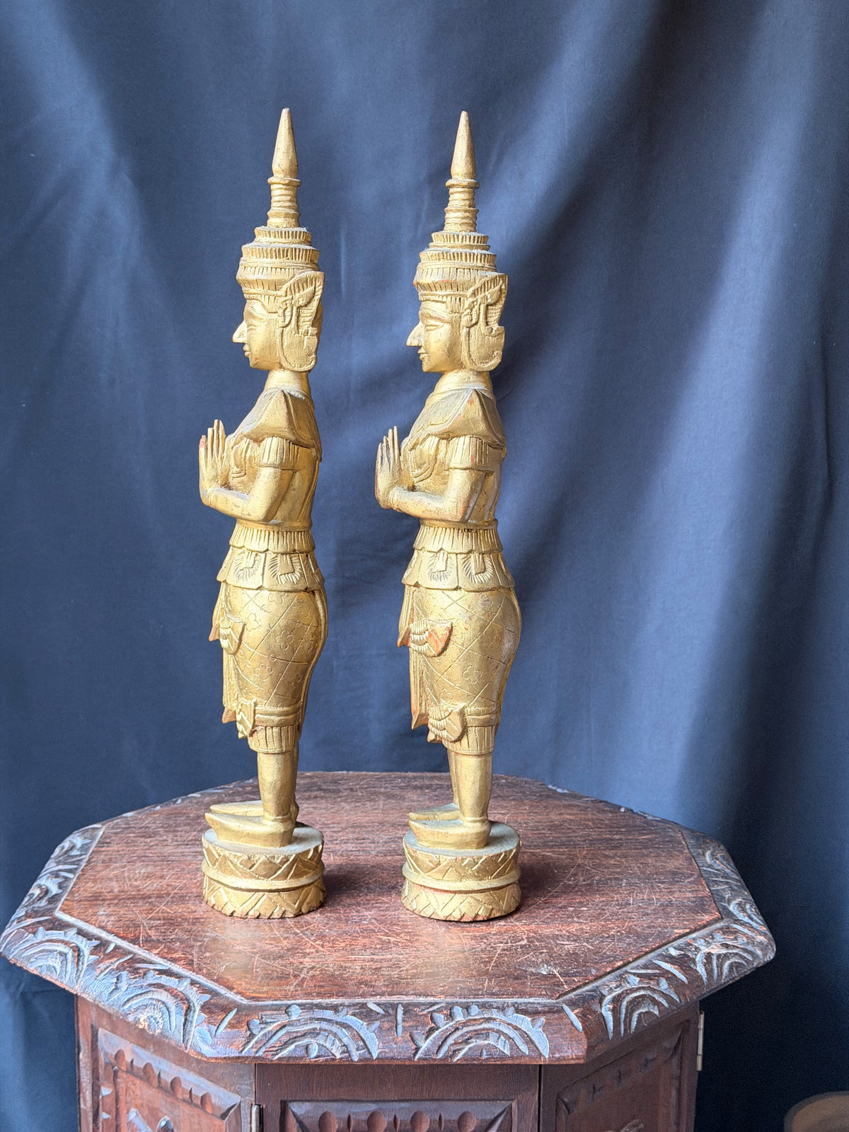 Pair Thai Thepphanom Carved Wood Praying Temple Angel Statues Gold Finish 19 in