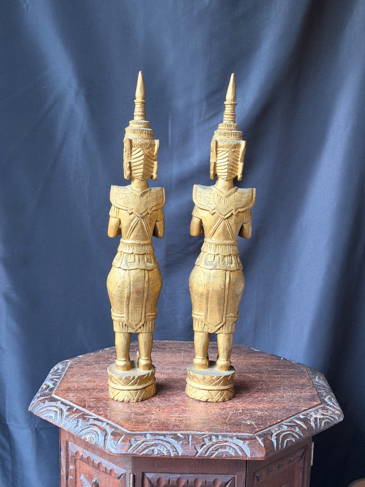 Pair Thai Thepphanom Carved Wood Praying Temple Angel Statues Gold Finish 19 in