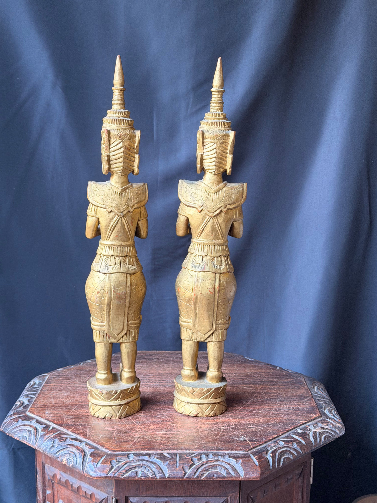 Pair Thai Thepphanom Carved Wood Praying Temple Angel Statues Gold Finish 19 in
