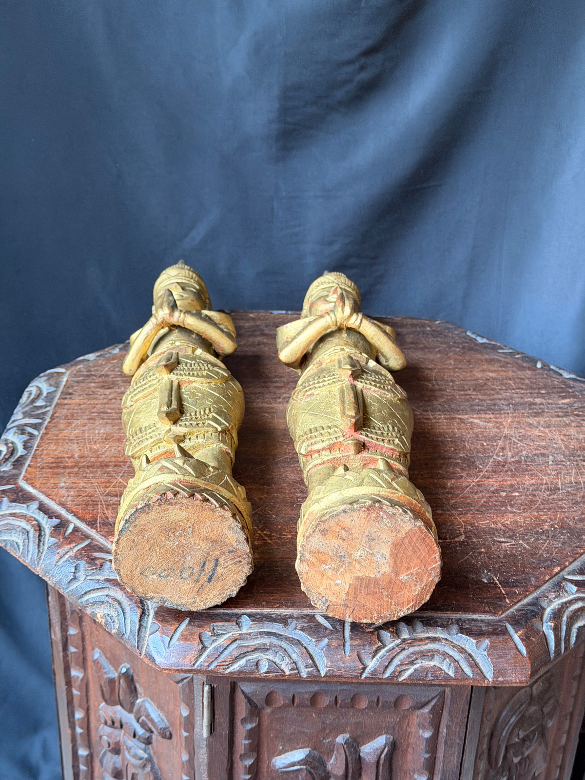 Pair Thai Thepphanom Carved Wood Praying Temple Angel Statues Gold Finish 19 in