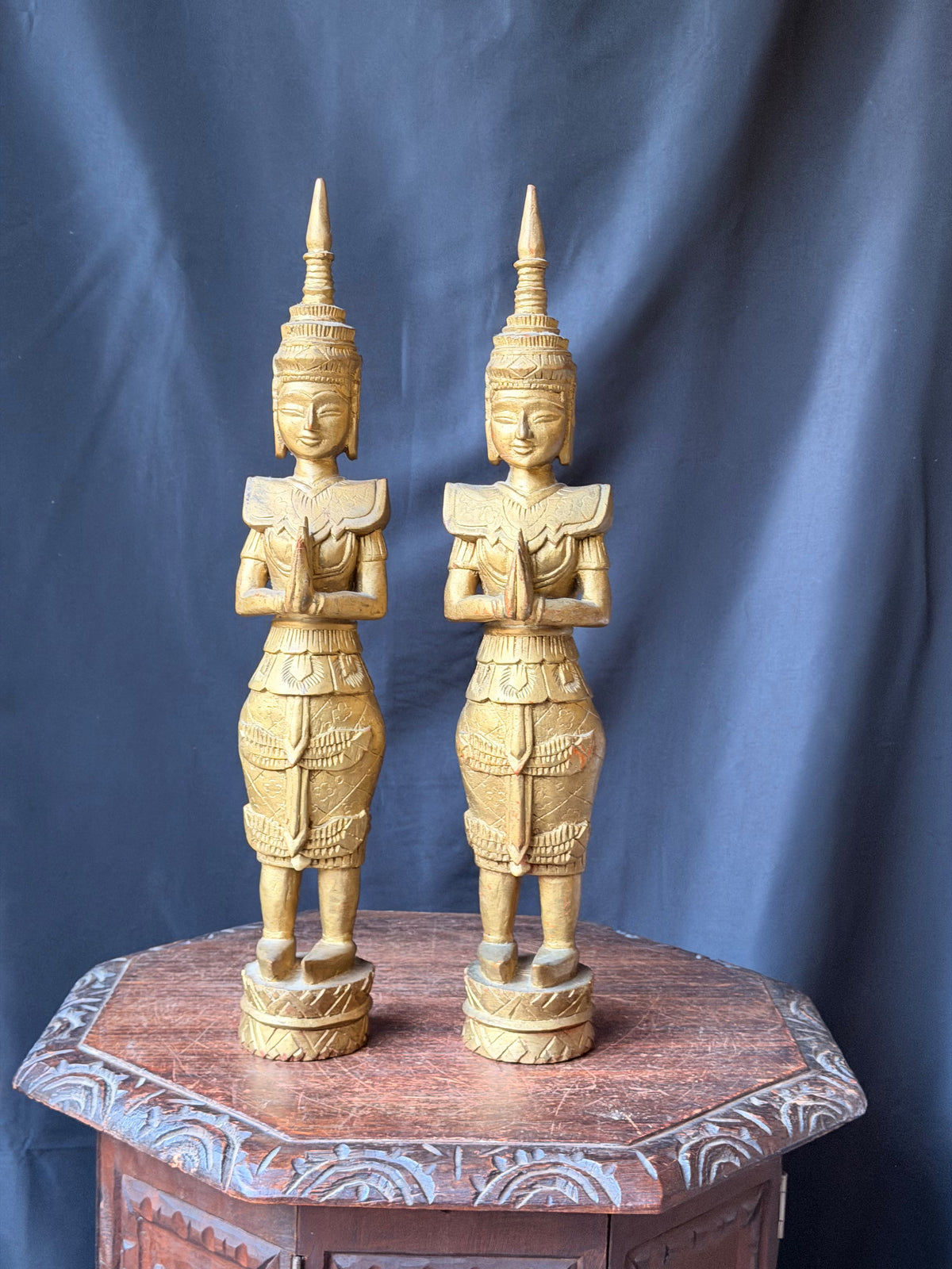 Pair Thai Thepphanom Carved Wood Praying Temple Angel Statues Gold Finish 19 in