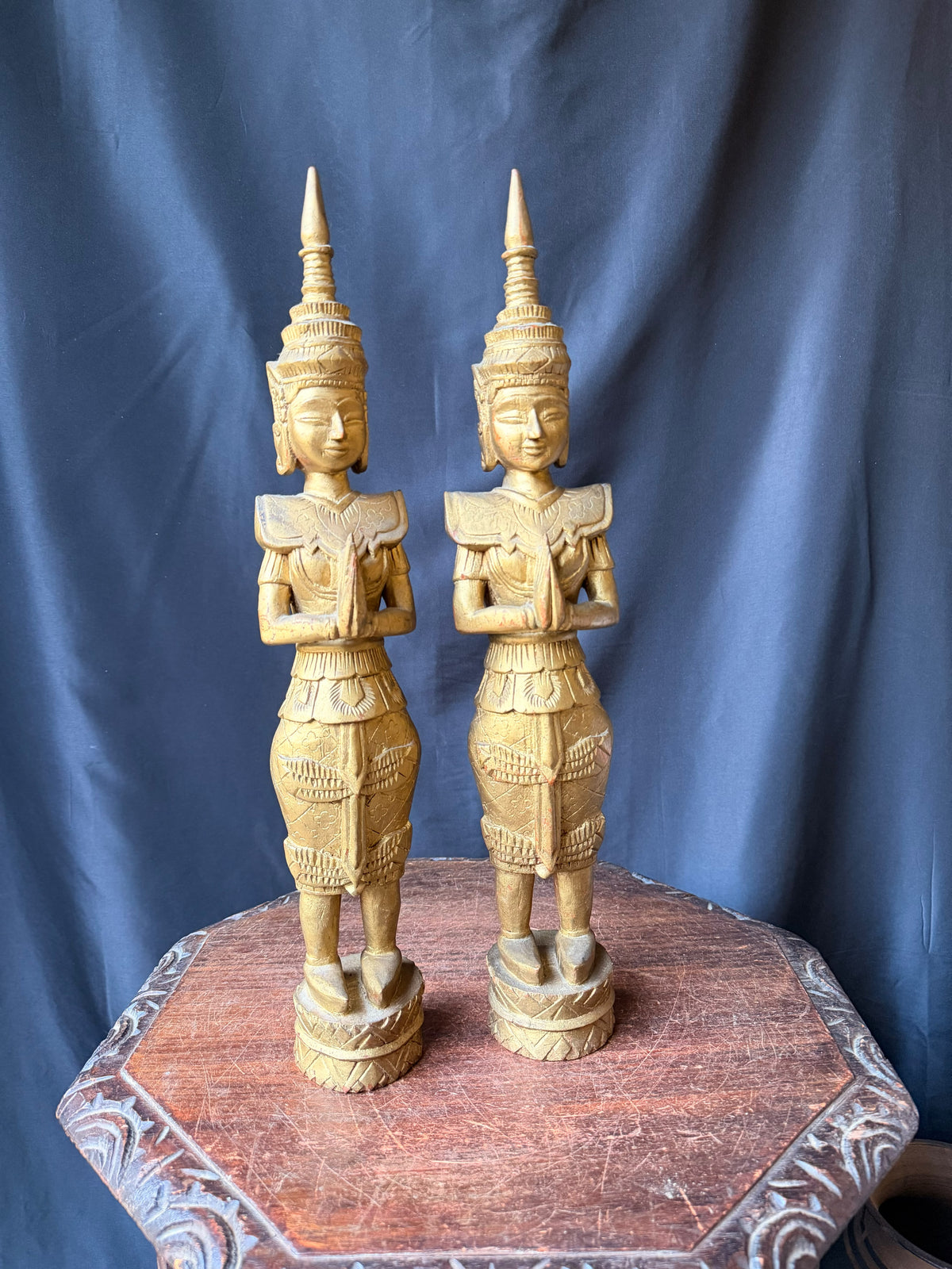 Pair Thai Thepphanom Carved Wood Praying Temple Angel Statues Gold Finish 19 in