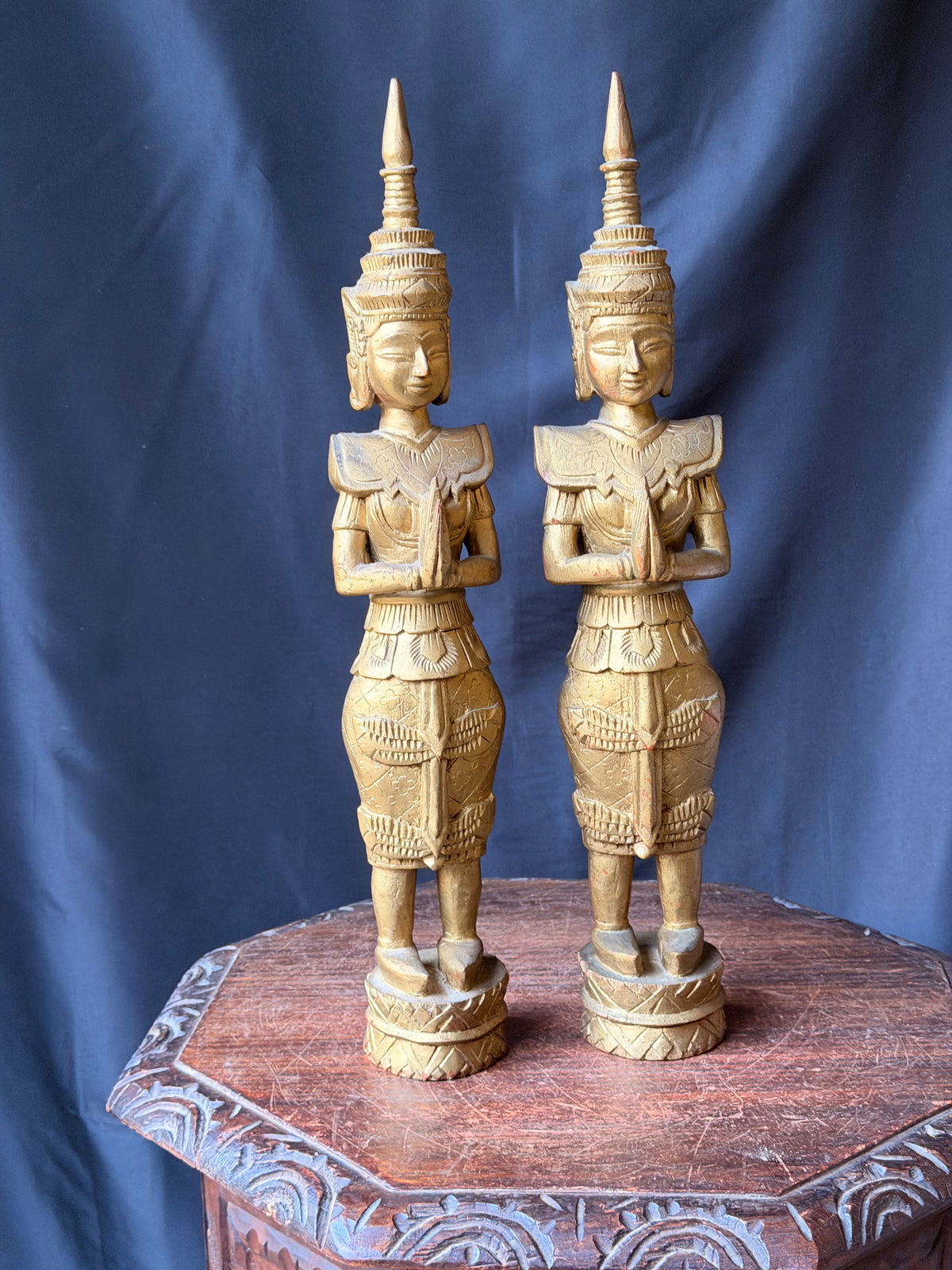 Pair Thai Thepphanom Carved Wood Praying Temple Angel Statues Gold Finish 19 in