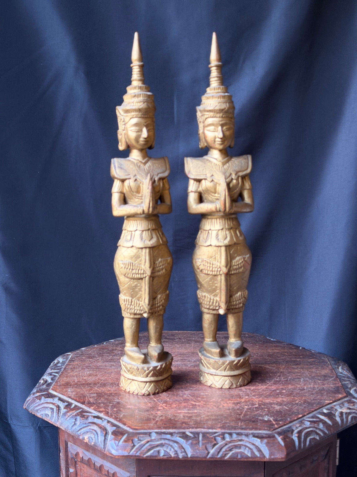 Pair Thai Thepphanom Carved Wood Praying Temple Angel Statues Gold Finish 19 in