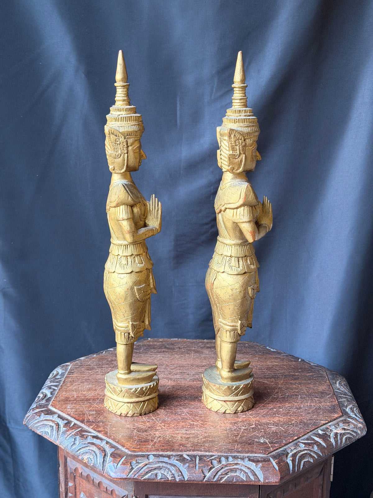 Pair Thai Thepphanom Carved Wood Praying Temple Angel Statues Gold Finish 19 in