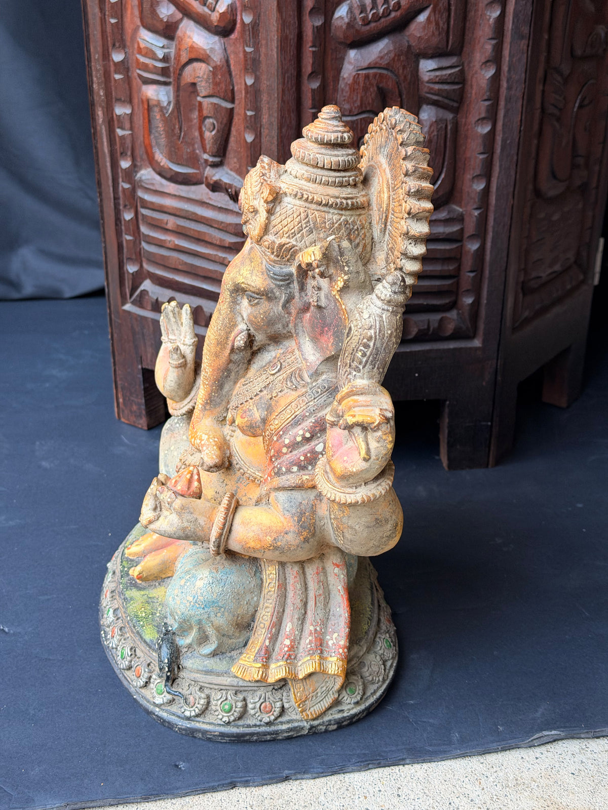 Ganesha Statue Hindu Elephant God Hand Painted Cast Figure with Mouse 12 in