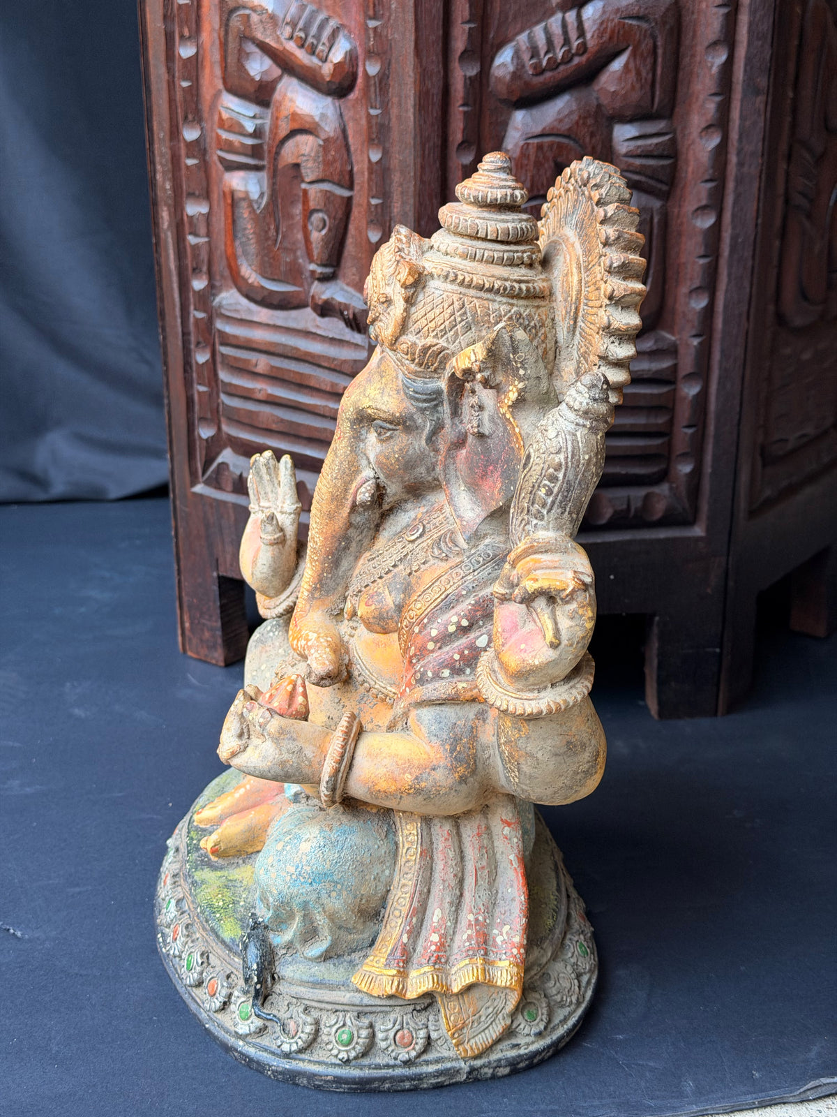 Ganesha Statue Hindu Elephant God Hand Painted Cast Figure with Mouse 12 in