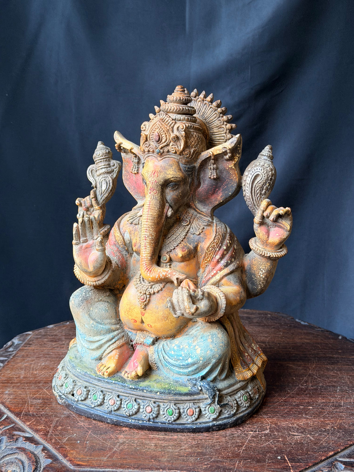 Ganesha Statue Hindu Elephant God Hand Painted Cast Figure with Mouse 12 in