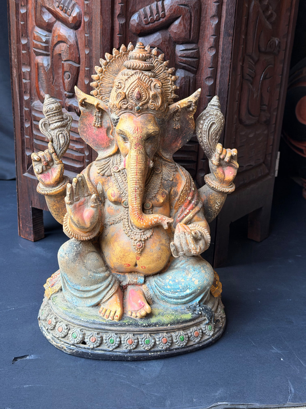 Ganesha Statue Hindu Elephant God Hand Painted Cast Figure with Mouse 12 in