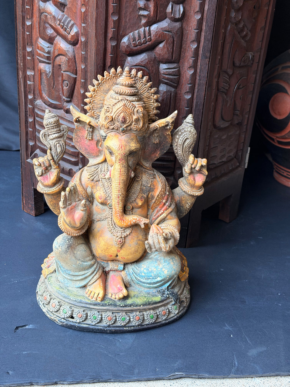 Ganesha Statue Hindu Elephant God Hand Painted Cast Figure with Mouse 12 in