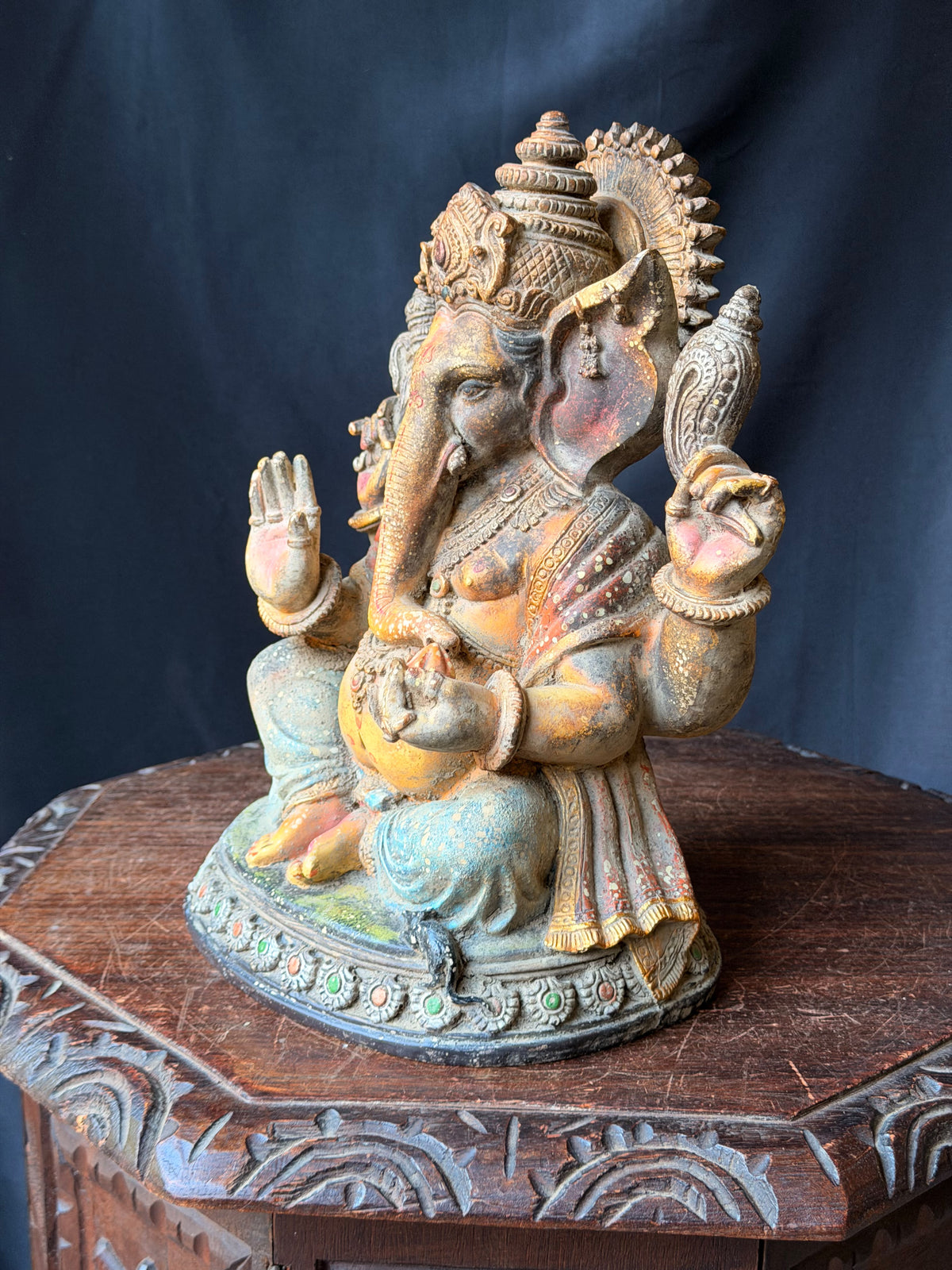 Ganesha Statue Hindu Elephant God Hand Painted Cast Figure with Mouse 12 in