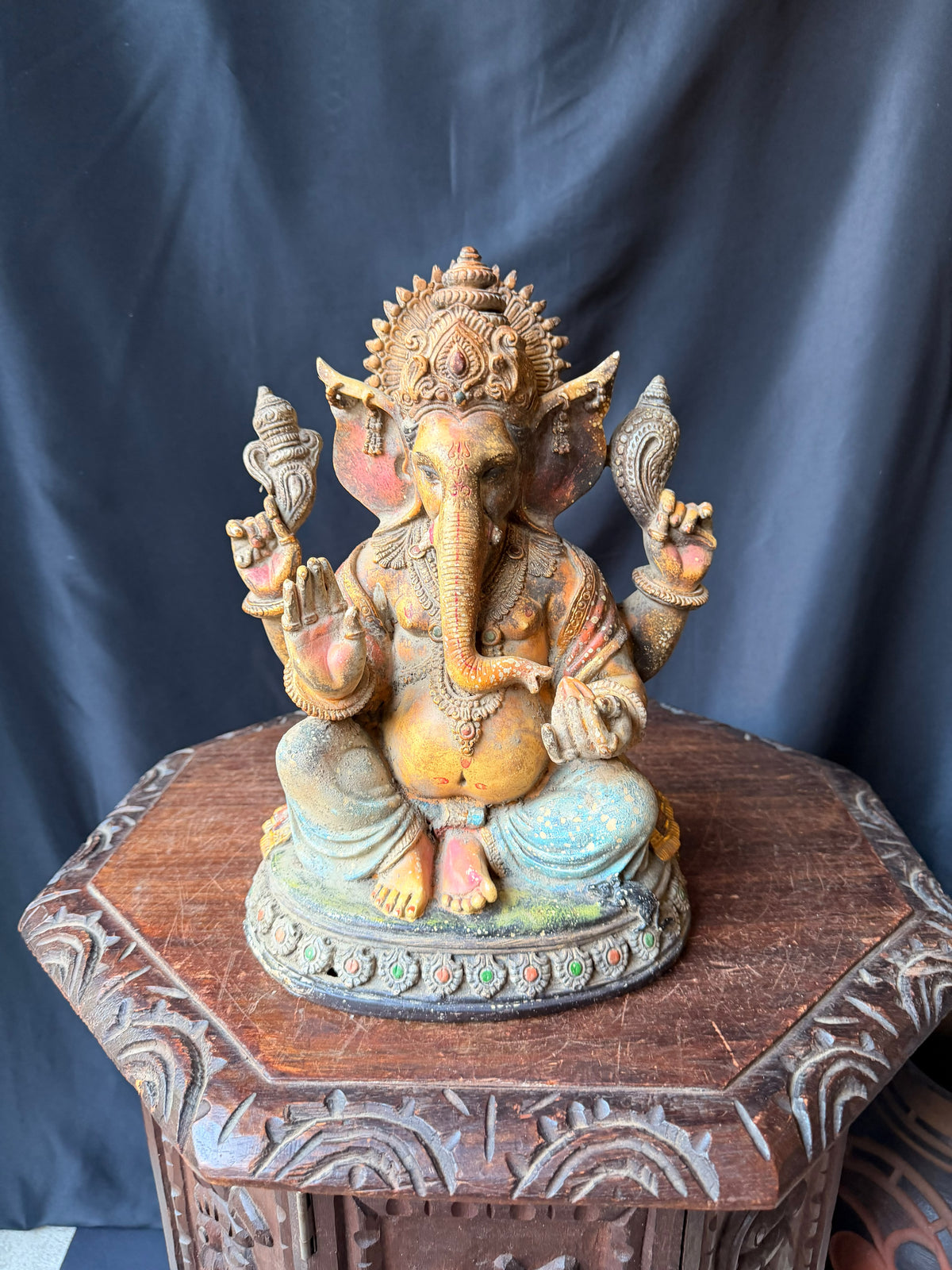 Ganesha Statue Hindu Elephant God Hand Painted Cast Figure with Mouse 12 in