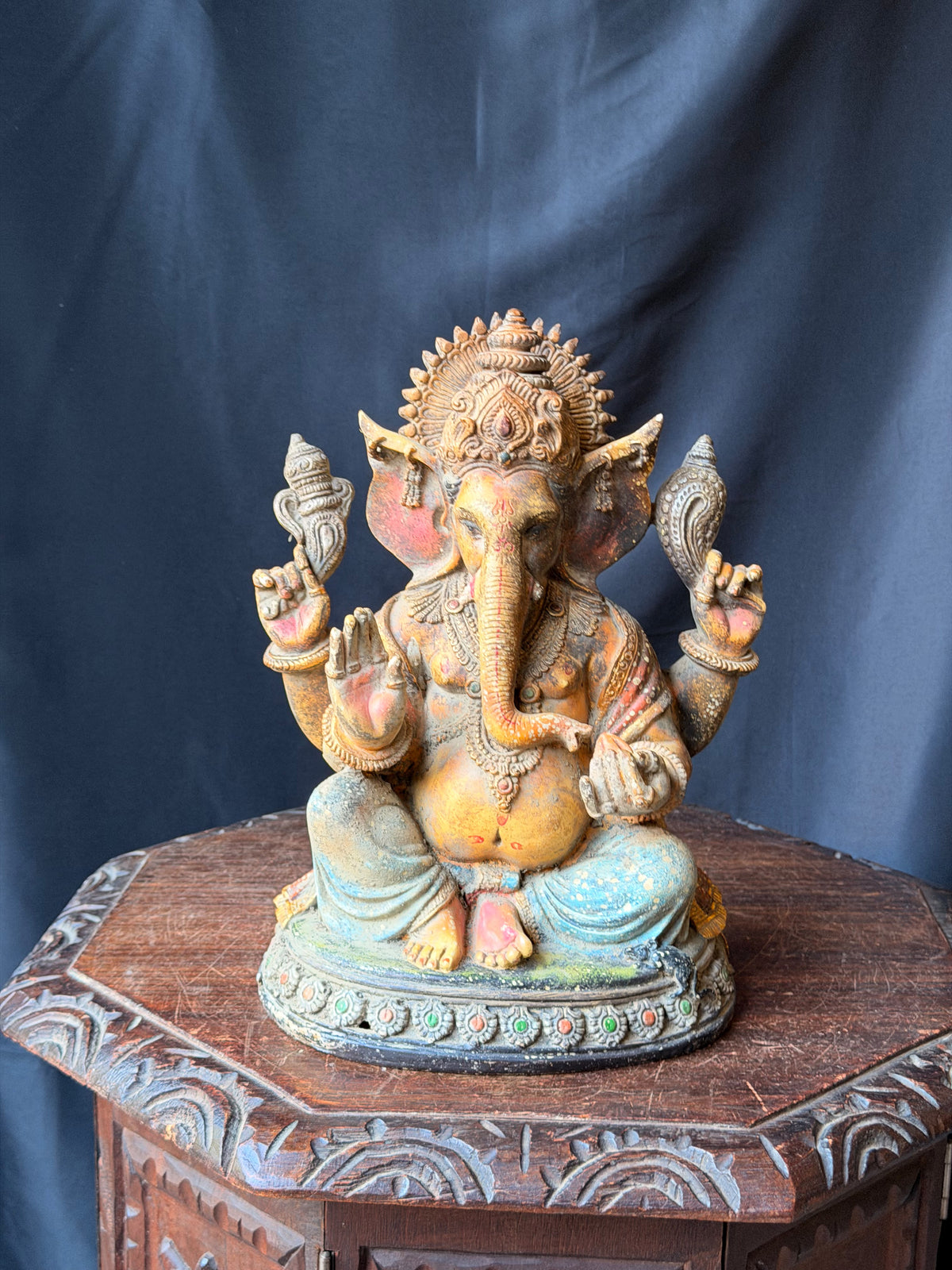 Ganesha Statue Hindu Elephant God Hand Painted Cast Figure with Mouse 12 in