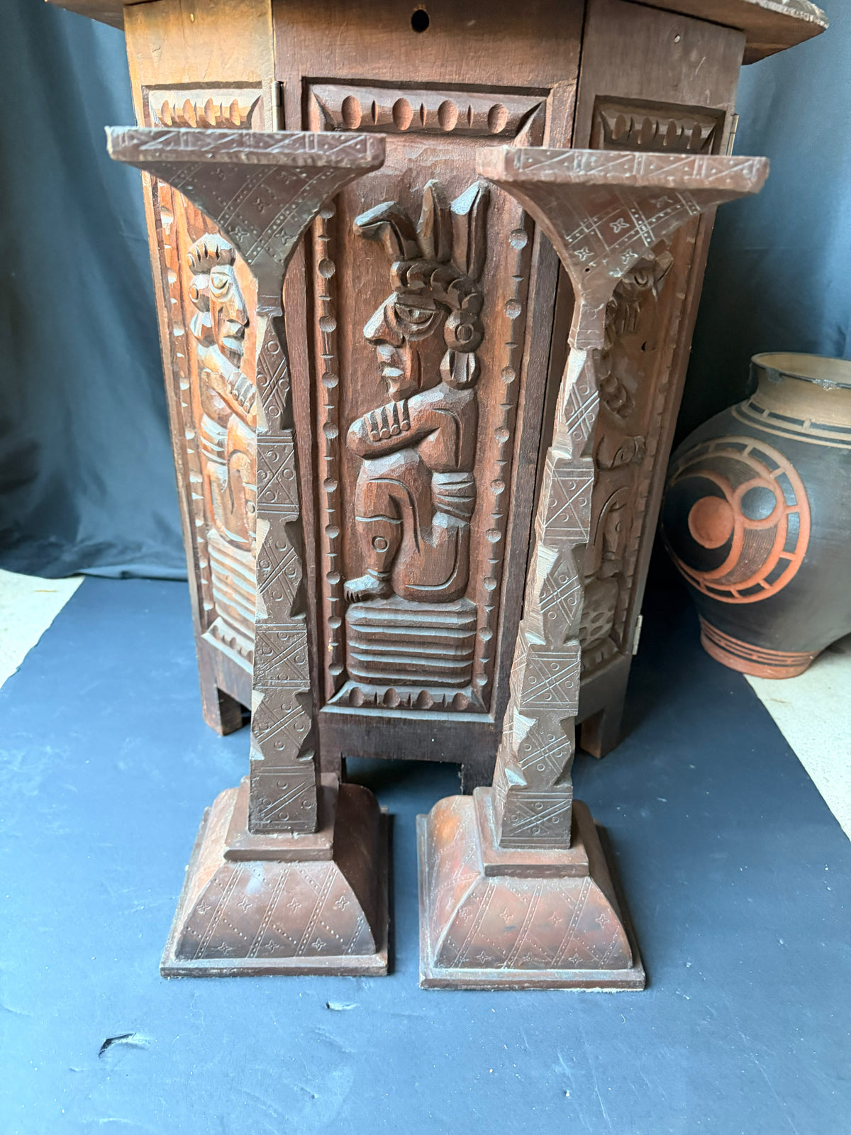 Pair Tuareg Engraved Metal Pedestal Display Stands Geometric Columns 19 in