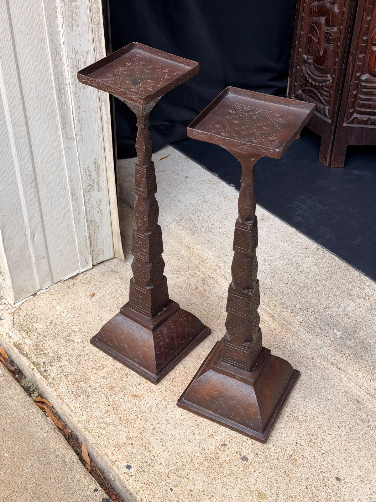 Pair Tuareg Engraved Metal Pedestal Display Stands Geometric Columns 19 in