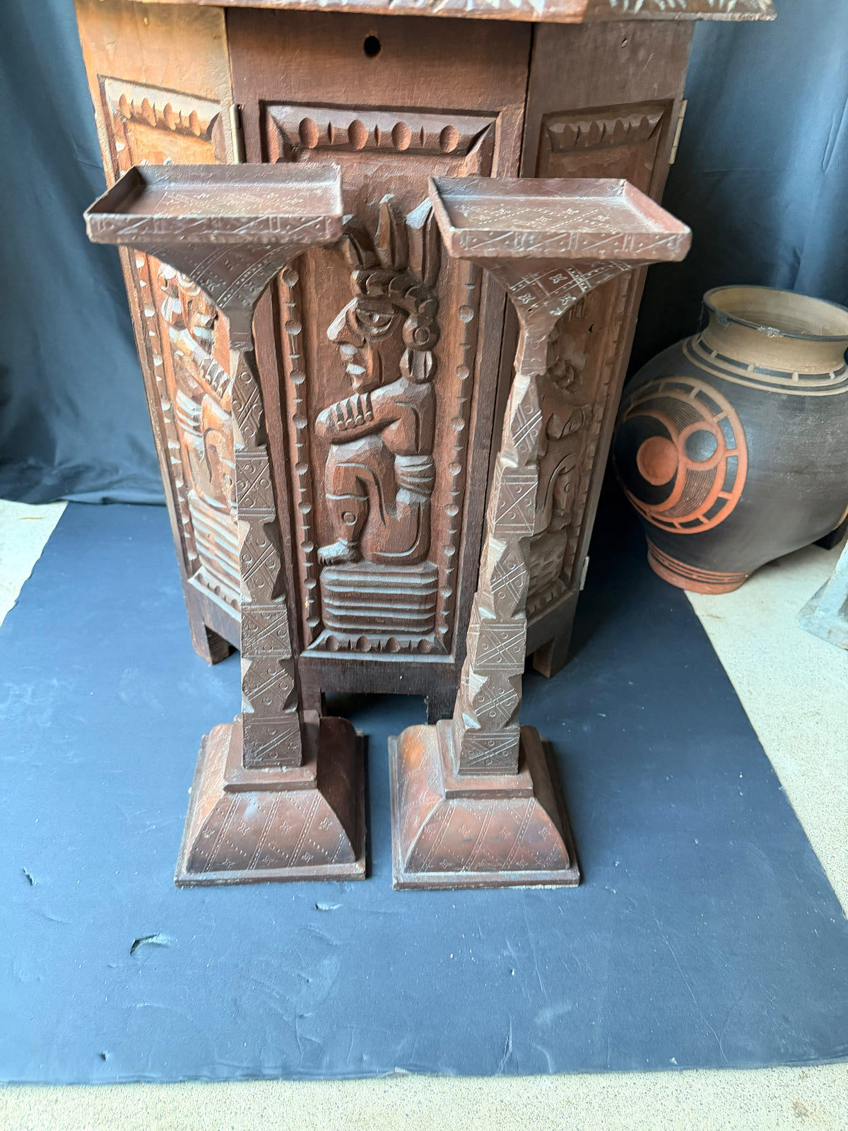 Pair Tuareg Engraved Metal Pedestal Display Stands Geometric Columns 19 in