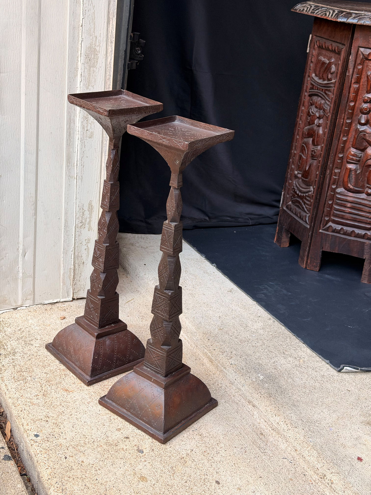 Pair Tuareg Engraved Metal Pedestal Display Stands Geometric Columns 19 in