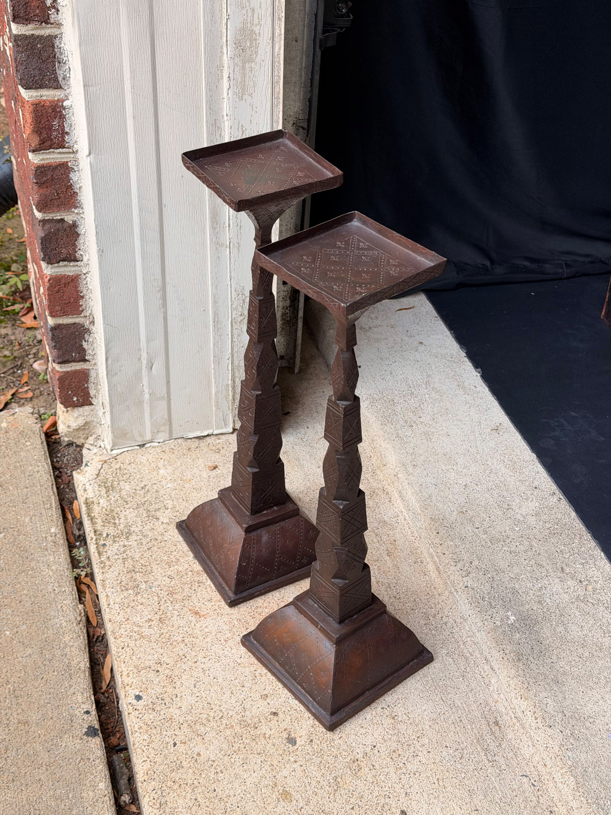 Pair Tuareg Engraved Metal Pedestal Display Stands Geometric Columns 19 in