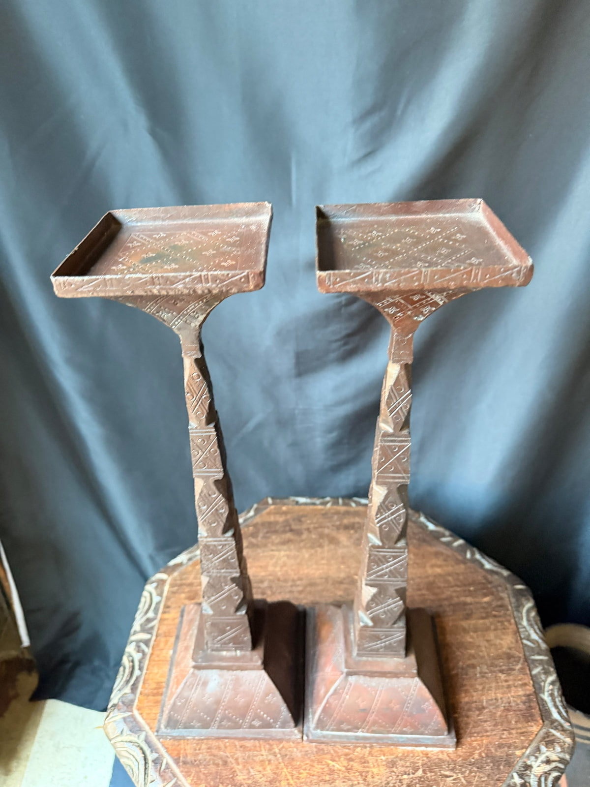 Pair Tuareg Engraved Metal Pedestal Display Stands Geometric Columns 19 in