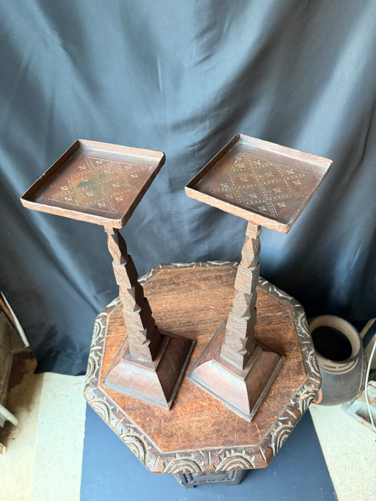 Pair Tuareg Engraved Metal Pedestal Display Stands Geometric Columns 19 in