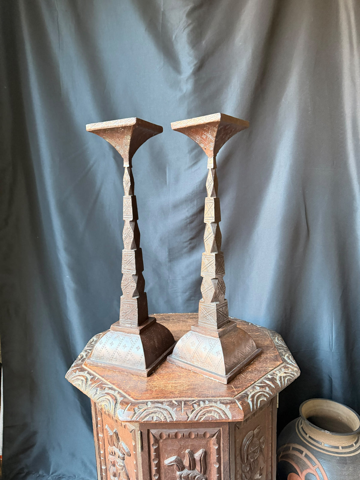 Pair Tuareg Engraved Metal Pedestal Display Stands Geometric Columns 19 in