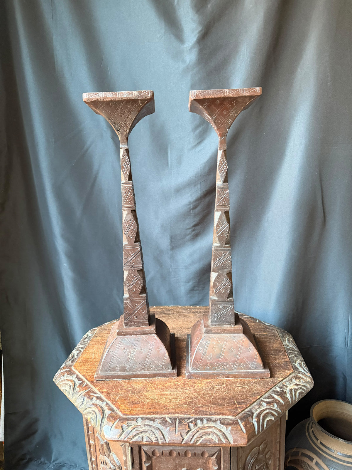 Pair Tuareg Engraved Metal Pedestal Display Stands Geometric Columns 19 in