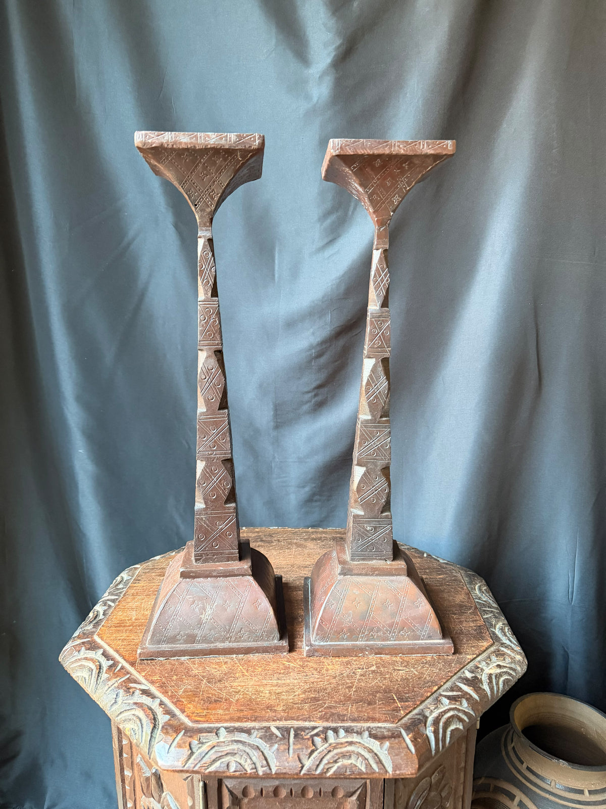 Pair Tuareg Engraved Metal Pedestal Display Stands Geometric Columns 19 in