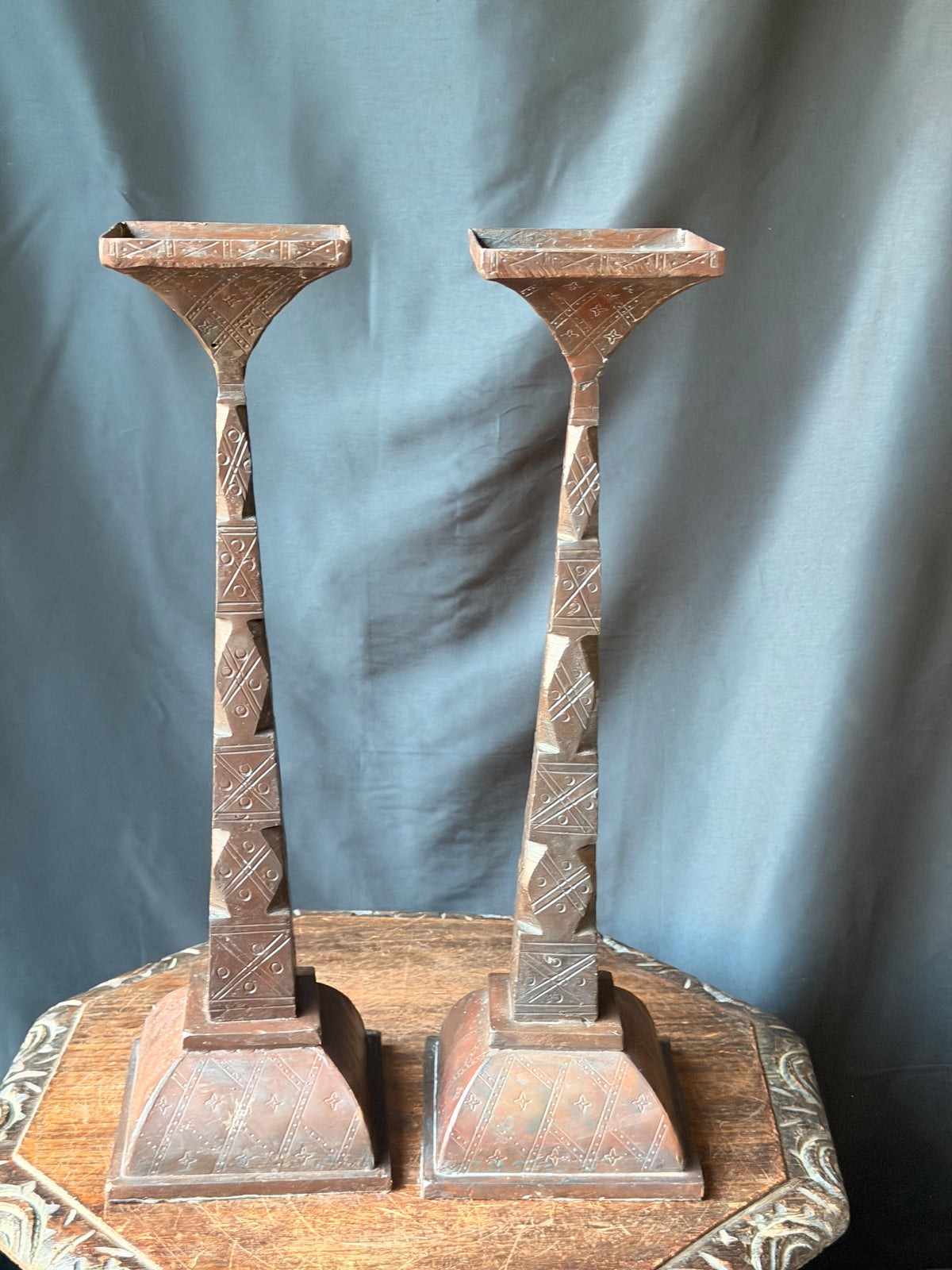 Pair Tuareg Engraved Metal Pedestal Display Stands Geometric Columns 19 in