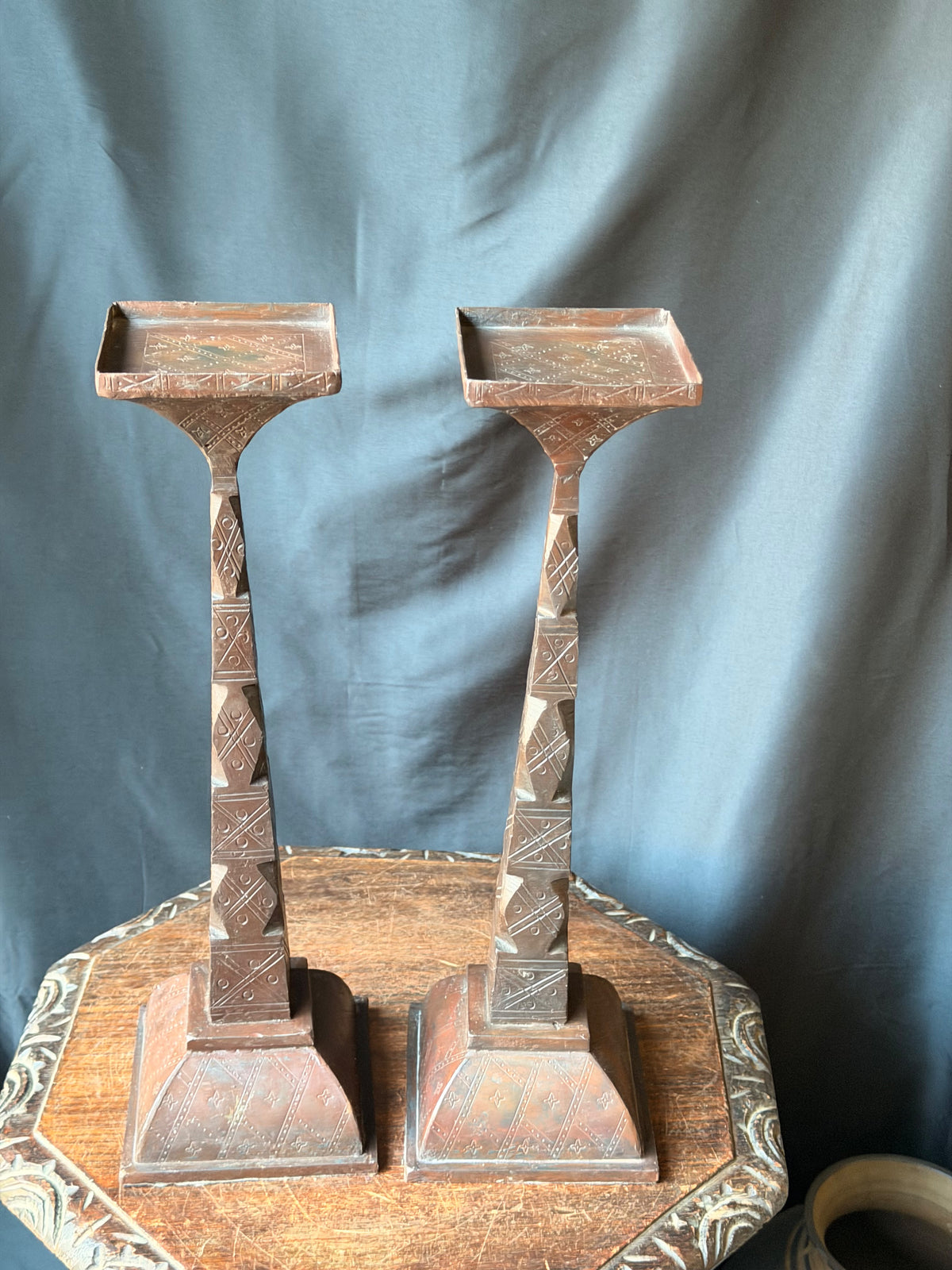 Pair Tuareg Engraved Metal Pedestal Display Stands Geometric Columns 19 in