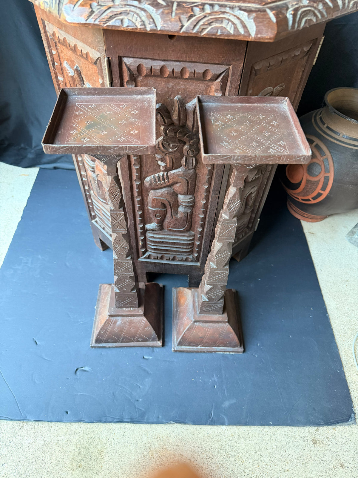 Pair Tuareg Engraved Metal Pedestal Display Stands Geometric Columns 19 in