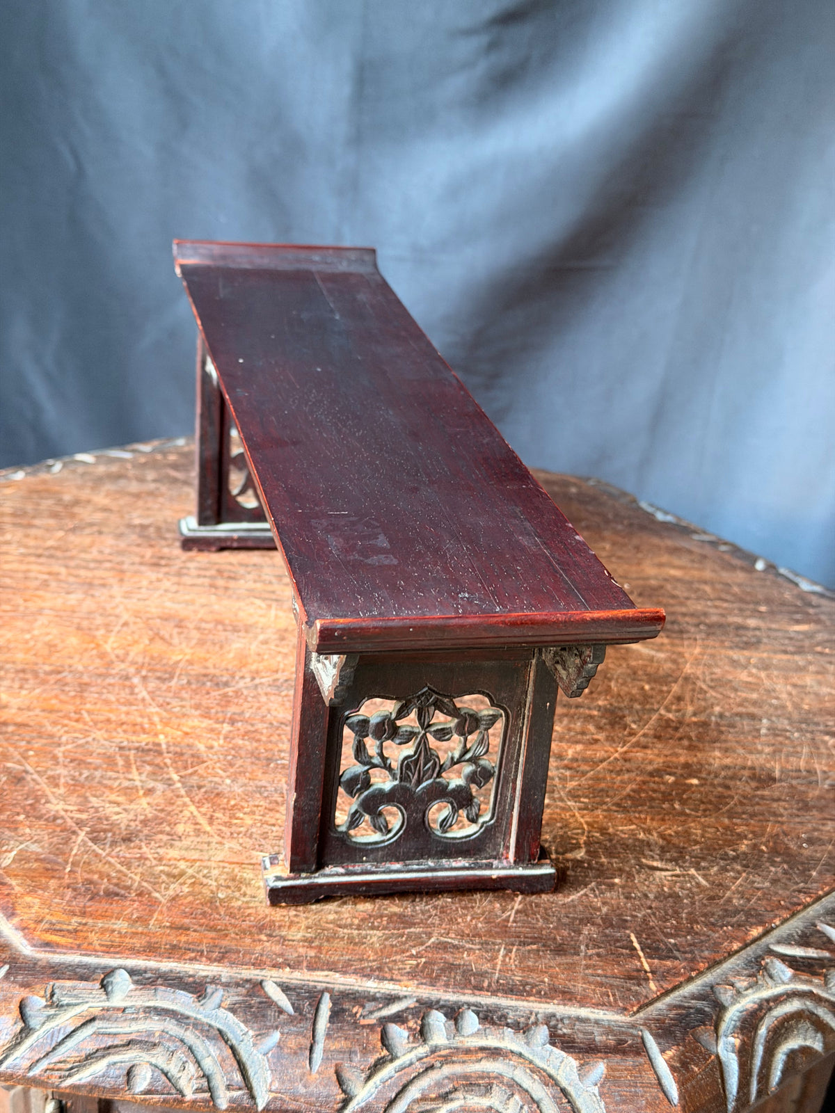 Vintage Chinese Carved Wood Miniature Altar Table Display Stand Floral 14 in