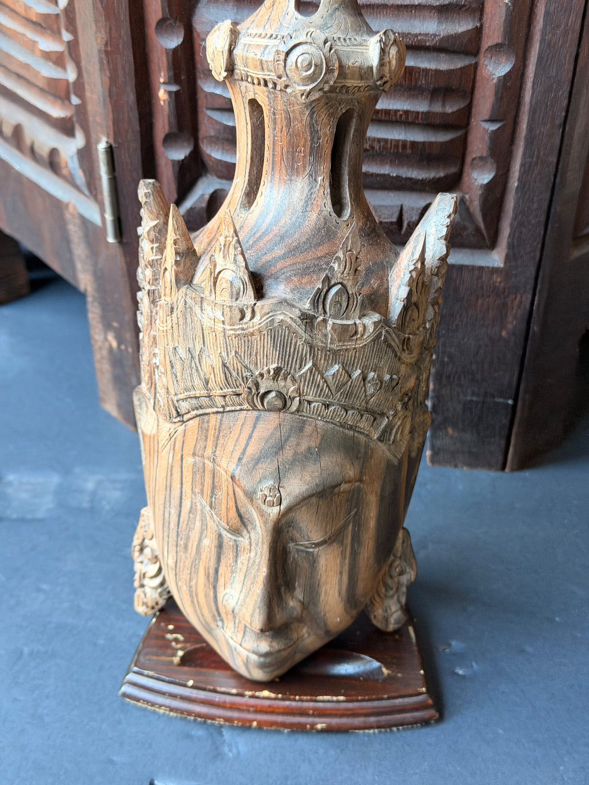 Vintage Burmese Thai Carved Striped Wood Crowned Deity Head with Stand 12 in