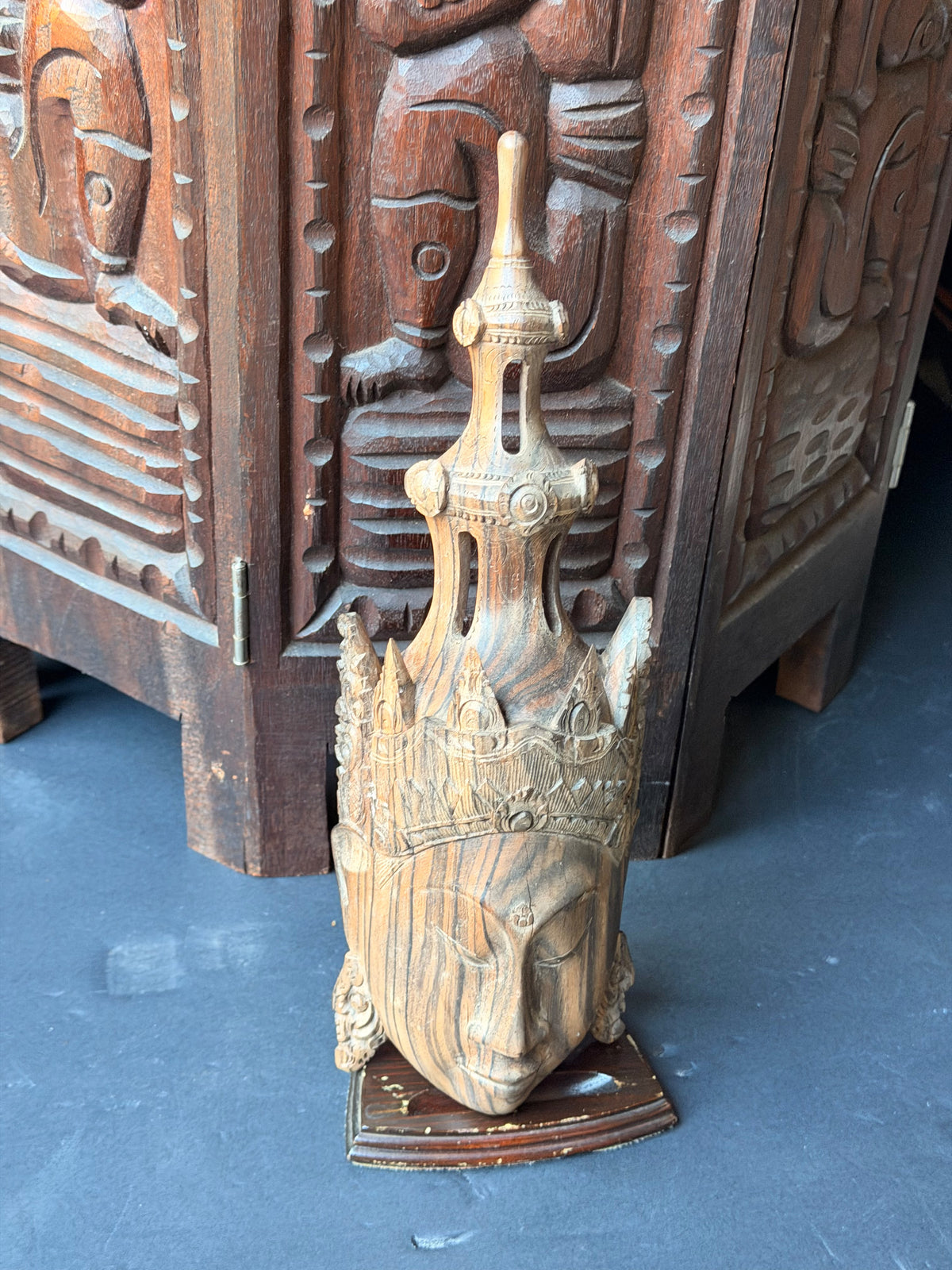 Vintage Burmese Thai Carved Striped Wood Crowned Deity Head with Stand 12 in