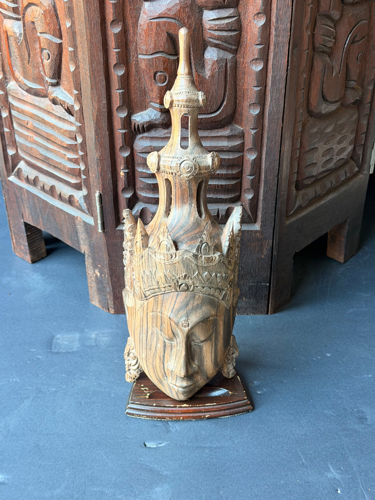 Vintage Burmese Thai Carved Striped Wood Crowned Deity Head with Stand 12 in