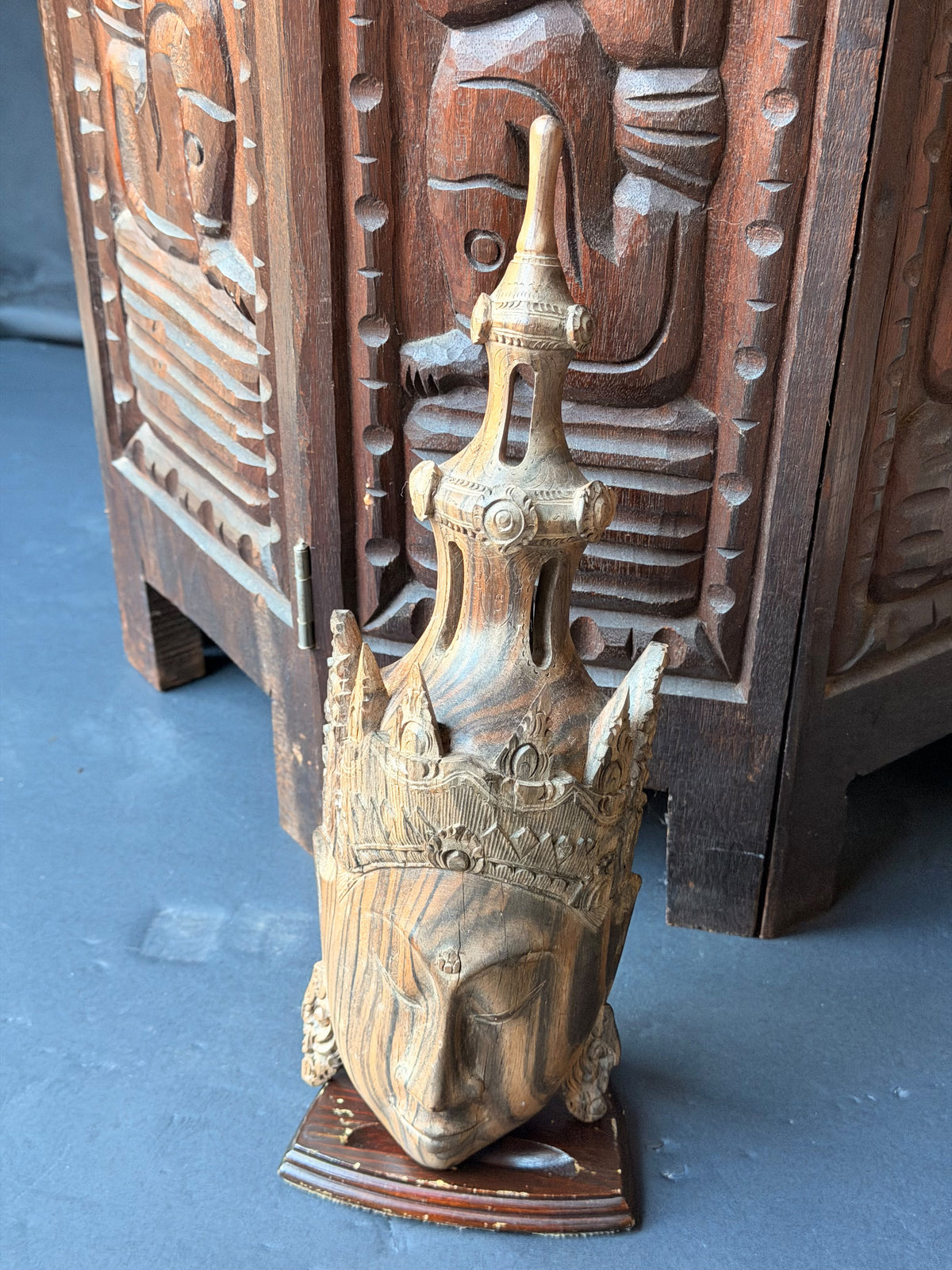 Vintage Burmese Thai Carved Striped Wood Crowned Deity Head with Stand 12 in