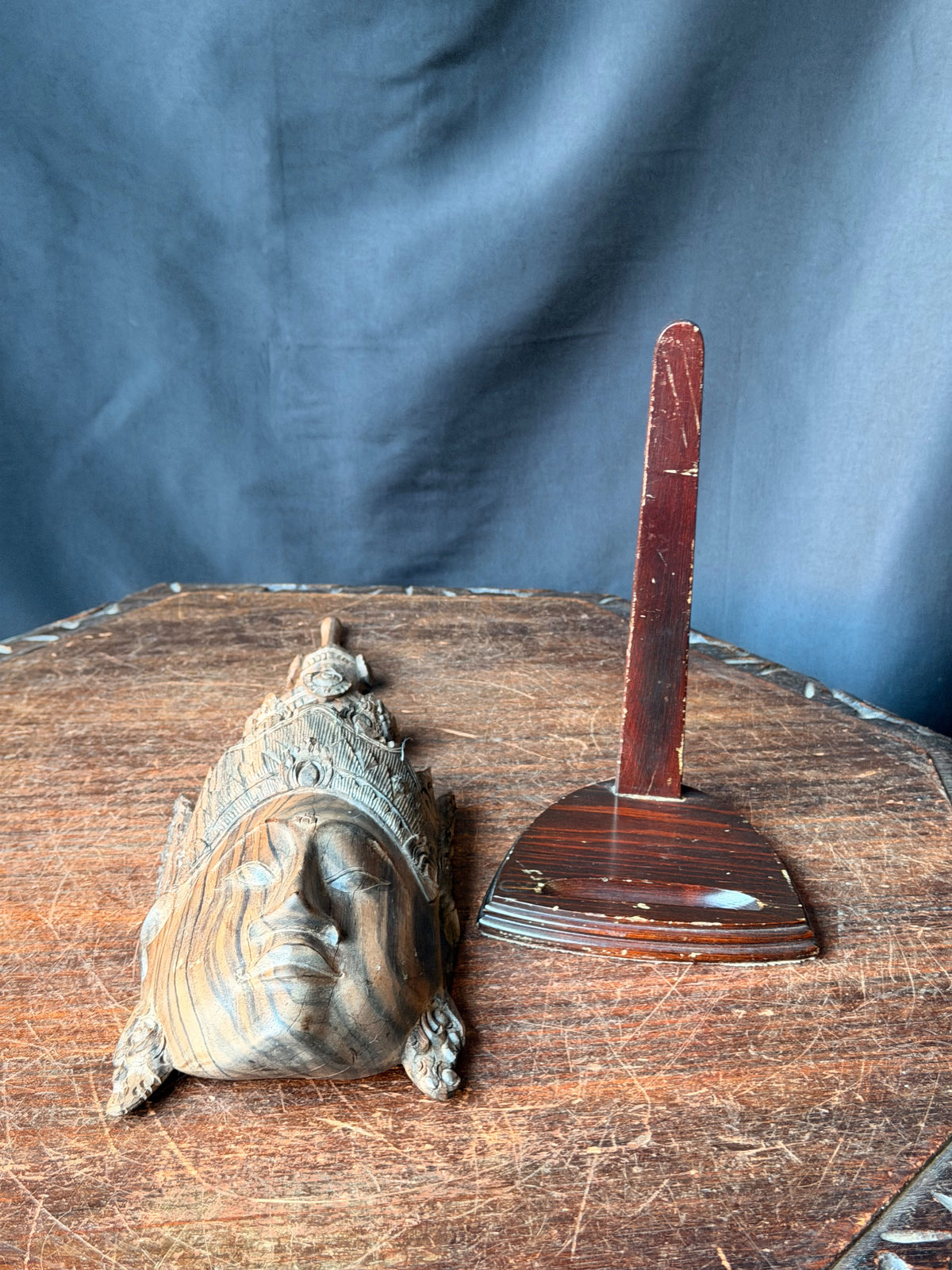 Vintage Burmese Thai Carved Striped Wood Crowned Deity Head with Stand 12 in