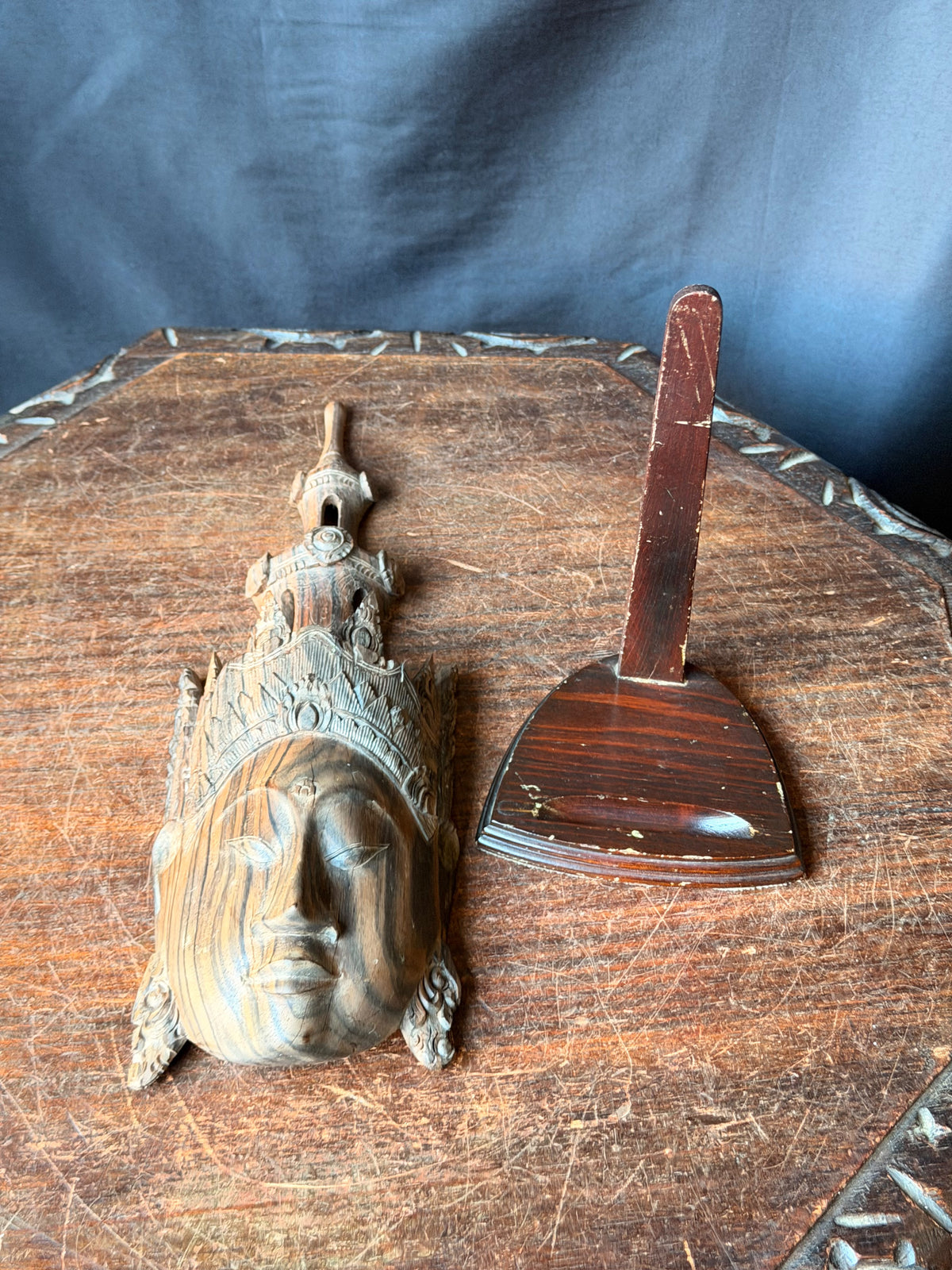 Vintage Burmese Thai Carved Striped Wood Crowned Deity Head with Stand 12 in