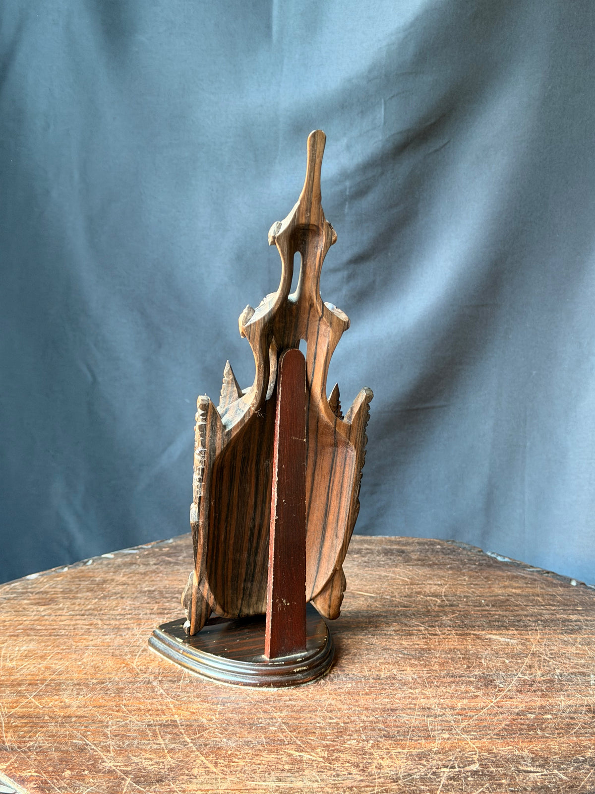 Vintage Burmese Thai Carved Striped Wood Crowned Deity Head with Stand 12 in