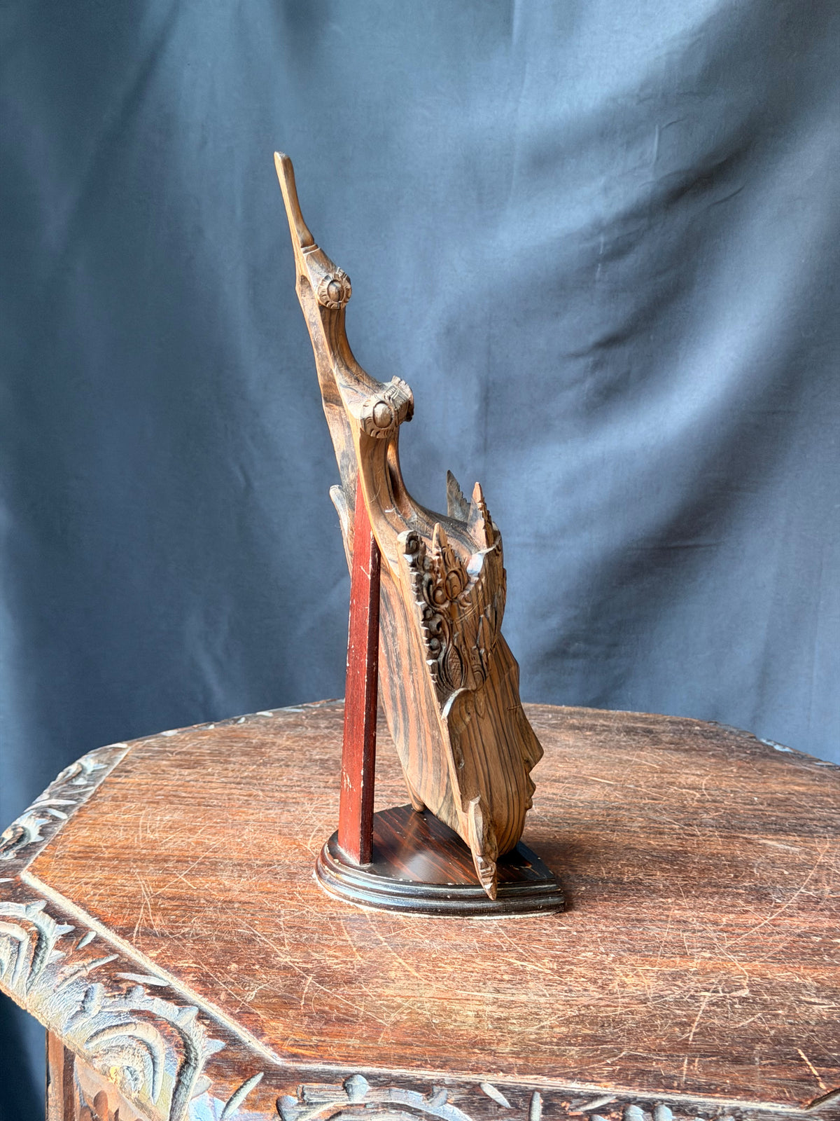 Vintage Burmese Thai Carved Striped Wood Crowned Deity Head with Stand 12 in
