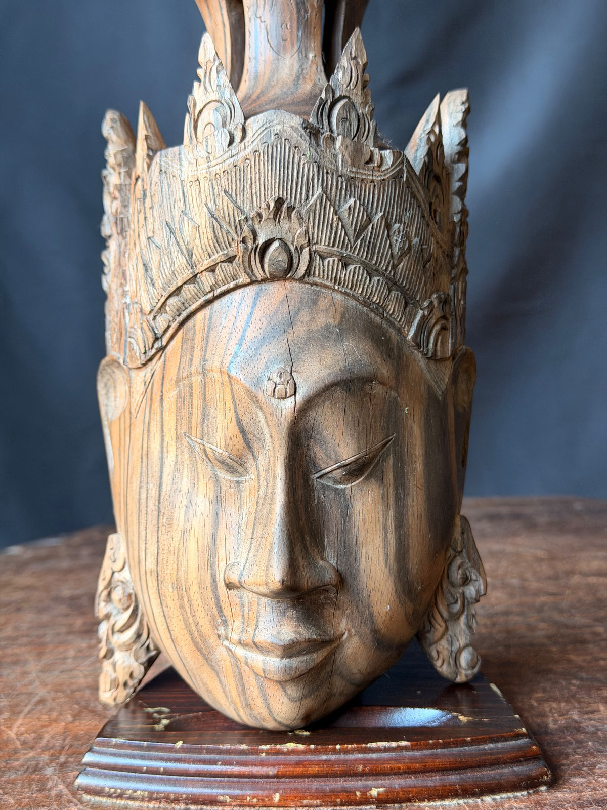 Vintage Burmese Thai Carved Striped Wood Crowned Deity Head with Stand 12 in