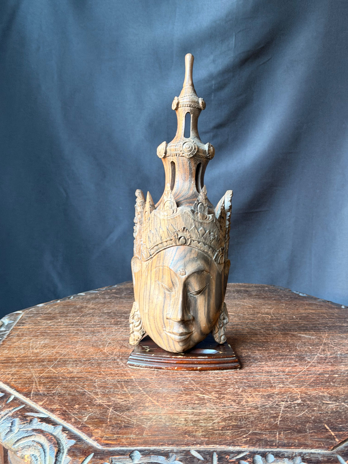 Vintage Burmese Thai Carved Striped Wood Crowned Deity Head with Stand 12 in