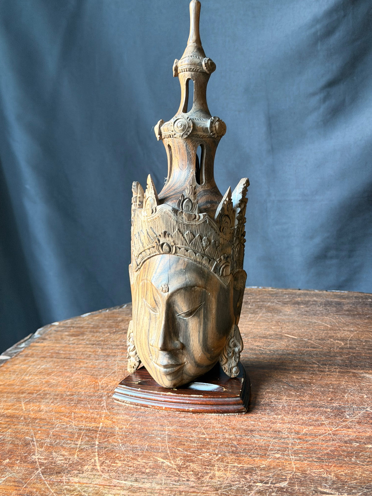 Vintage Burmese Thai Carved Striped Wood Crowned Deity Head with Stand 12 in
