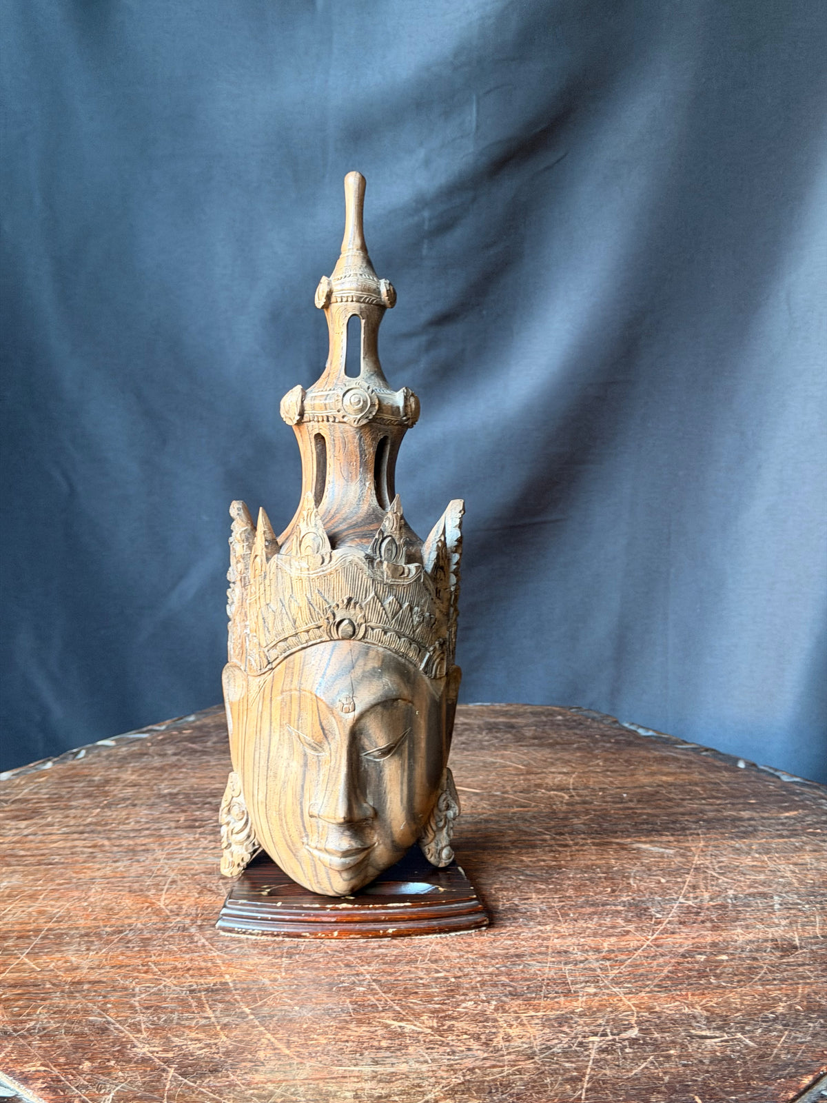 Vintage Burmese Thai Carved Striped Wood Crowned Deity Head with Stand 12 in