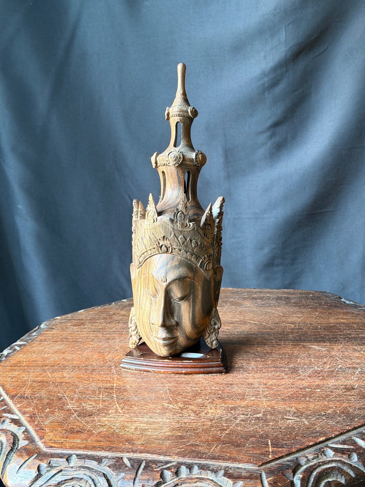 Vintage Burmese Thai Carved Striped Wood Crowned Deity Head with Stand 12 in
