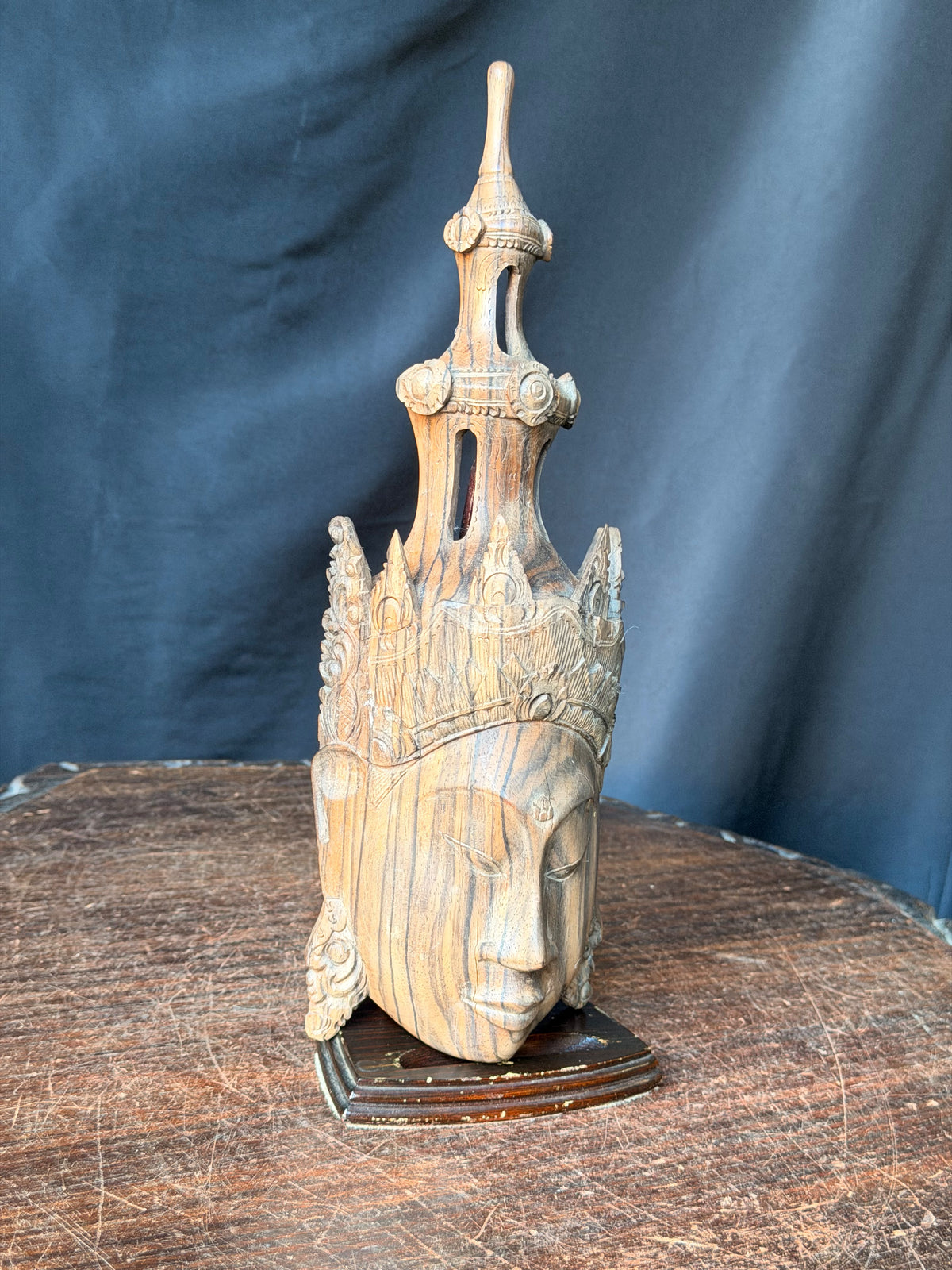 Vintage Burmese Thai Carved Striped Wood Crowned Deity Head with Stand 12 in