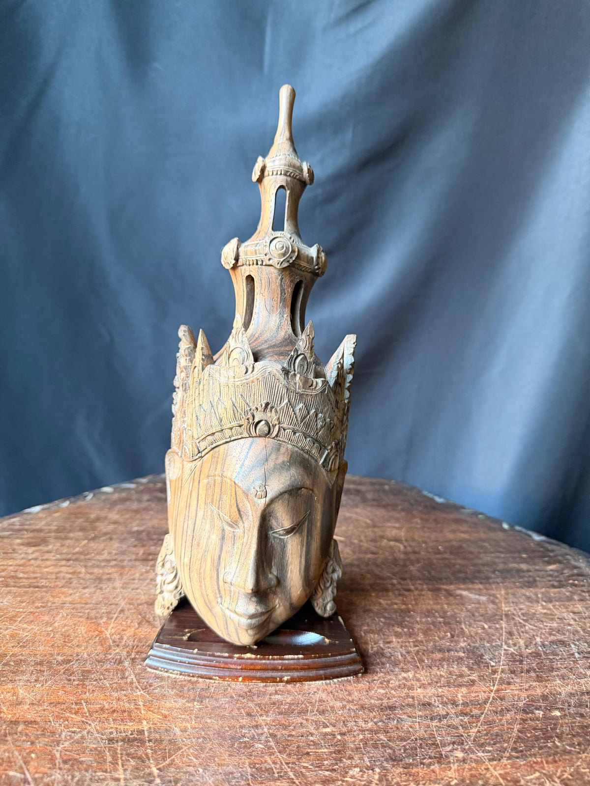 Vintage Burmese Thai Carved Striped Wood Crowned Deity Head with Stand 12 in
